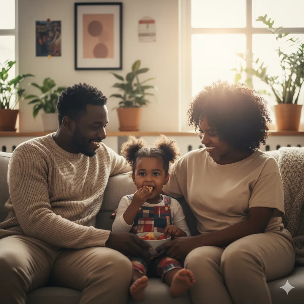 Young family sitting together on a couch in a bright, plant-filled room