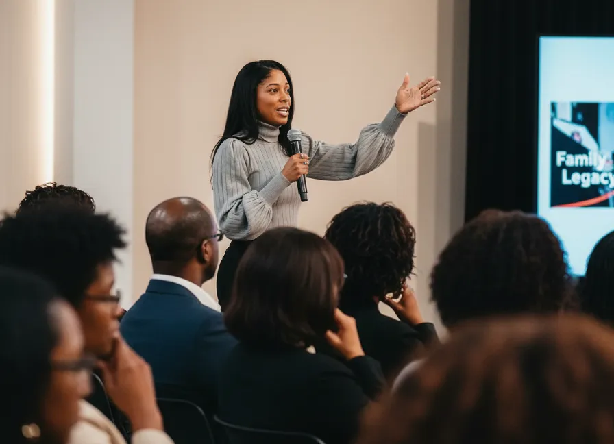 Facilitator guiding a multi-generational family conversation