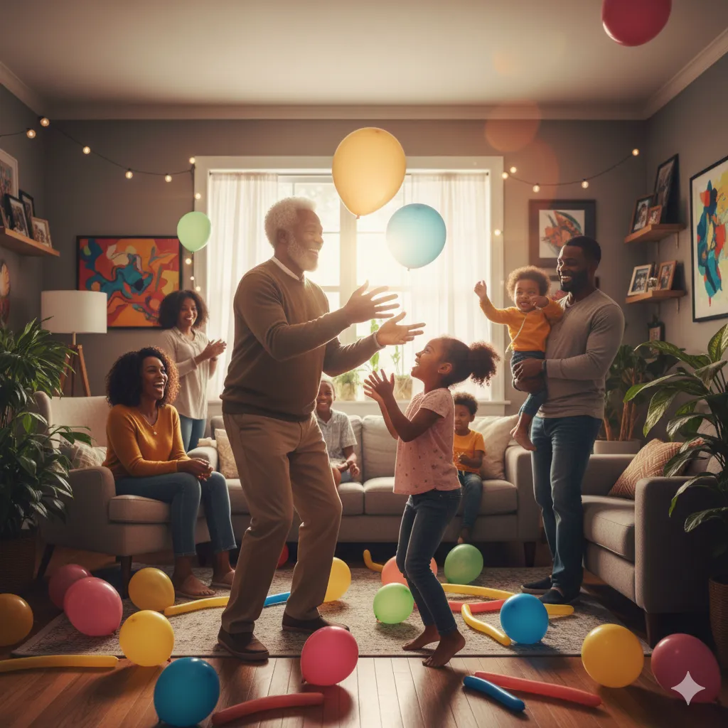 Multi-generational family celebrating with balloons in a living room