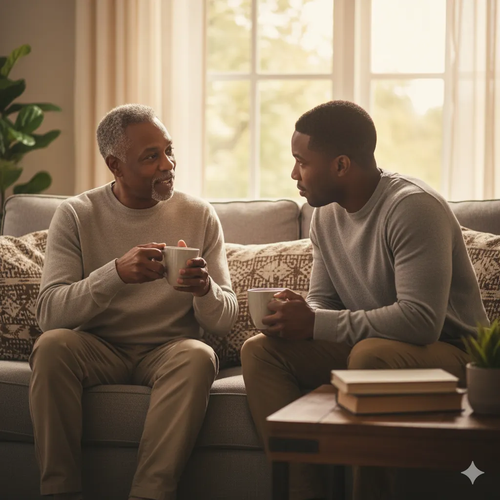 Father and son having a meaningful conversation over coffee