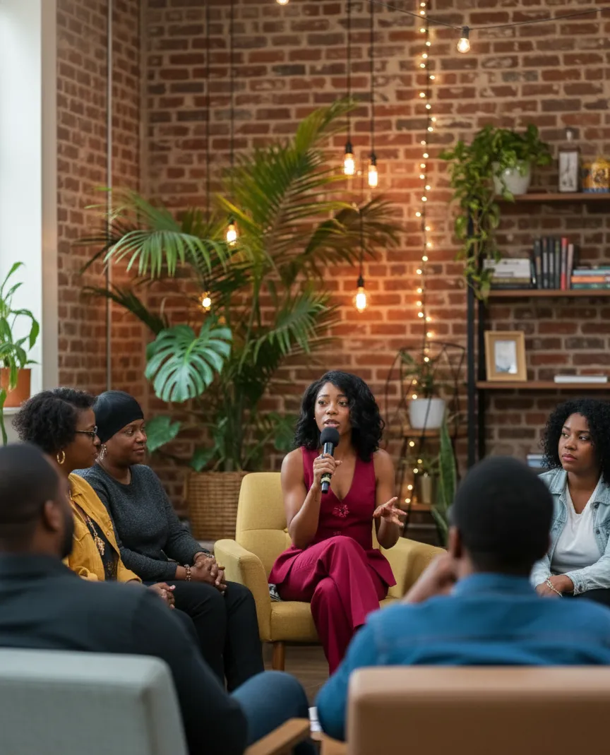 Facilitator leading an intimate group discussion in a warm, cozy setting with plants and string lights