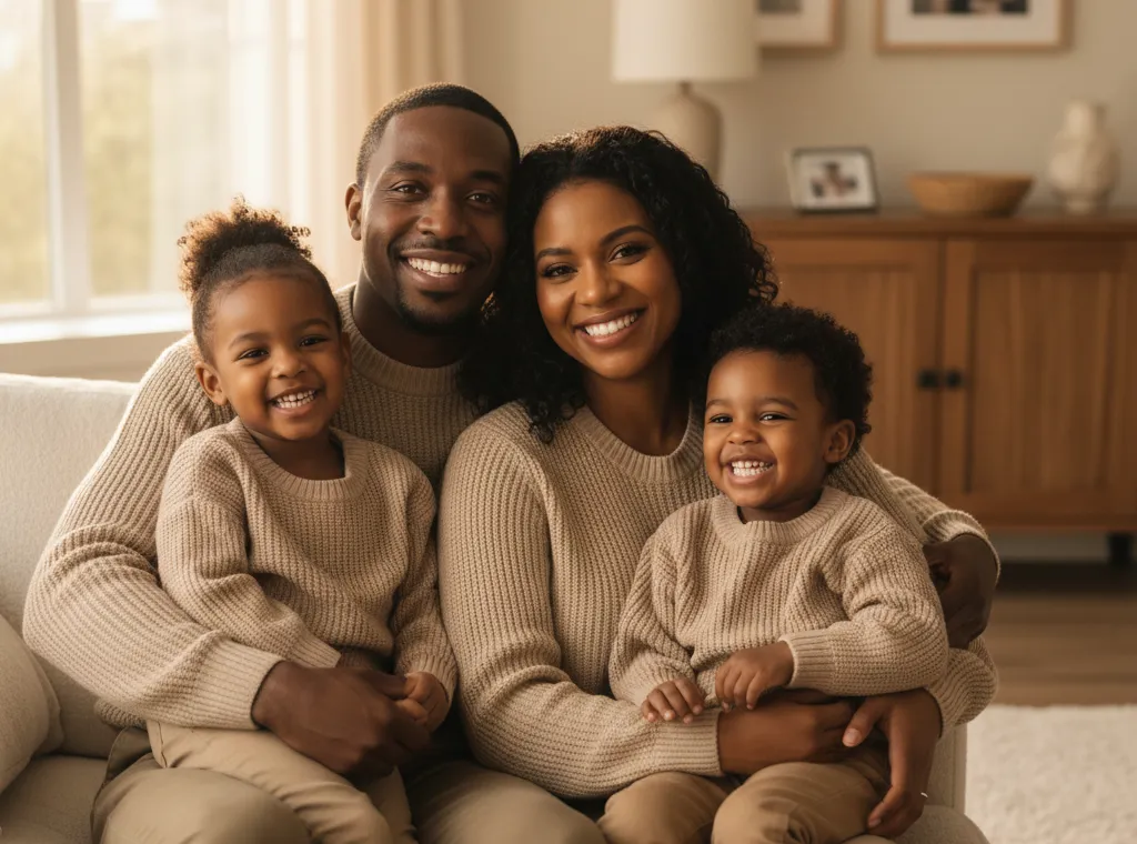 Family having an intake conversation in a comfortable setting
