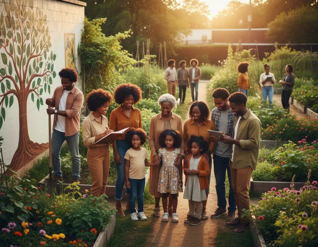Multigenerational family in community garden