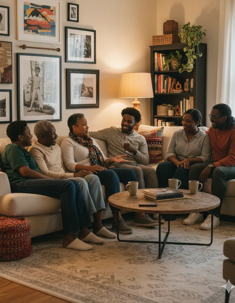 Multi-generational family having meaningful conversations in a cozy living room