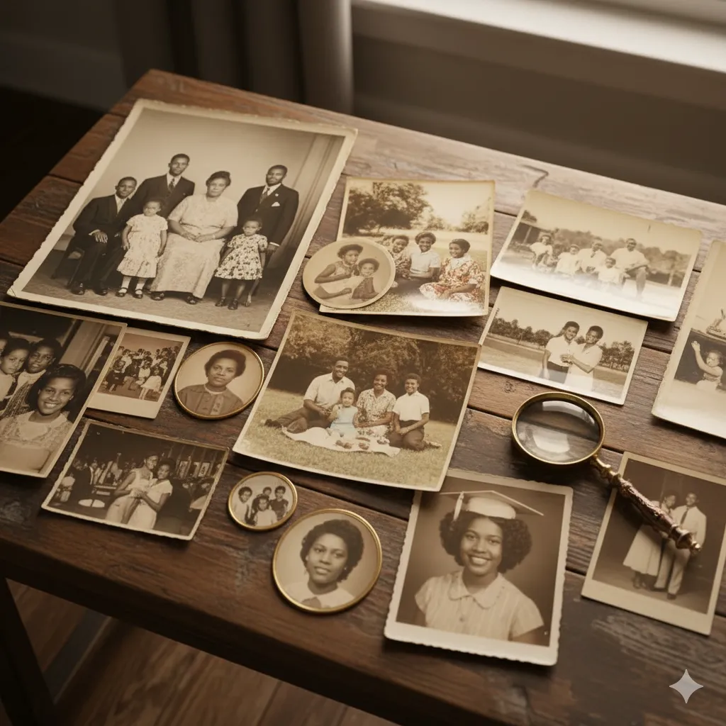 Vintage family photographs and a magnifying glass on a wooden table