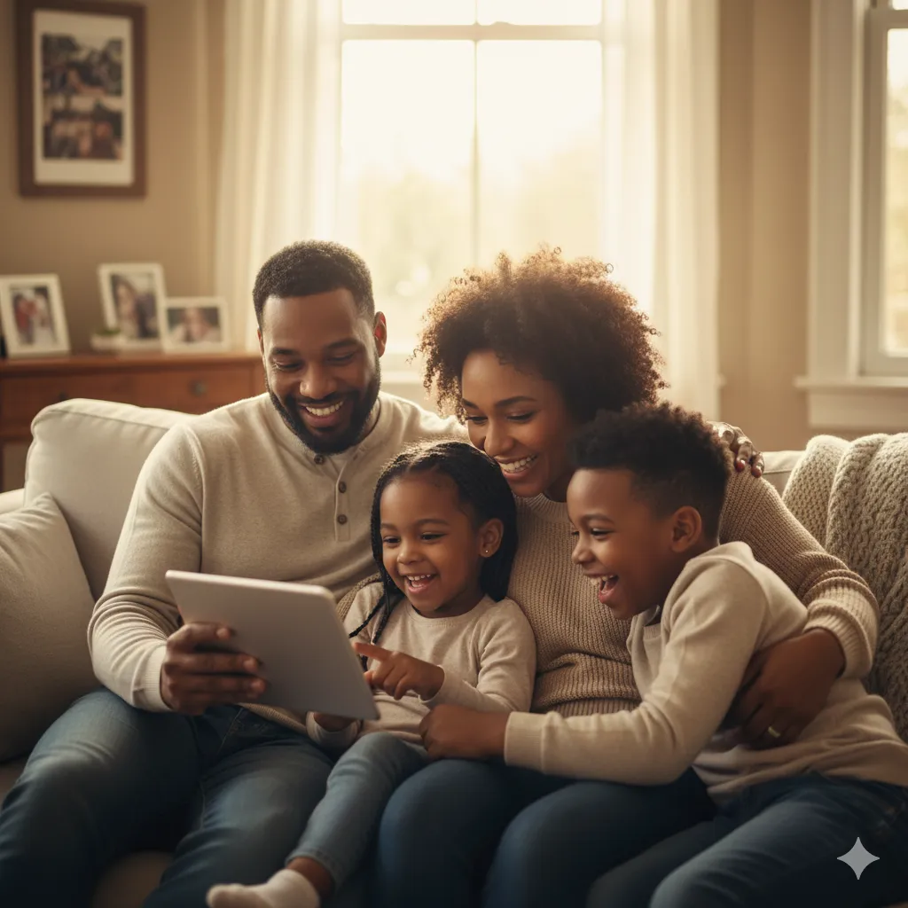 Family sharing stories and memories on a digital tablet together
