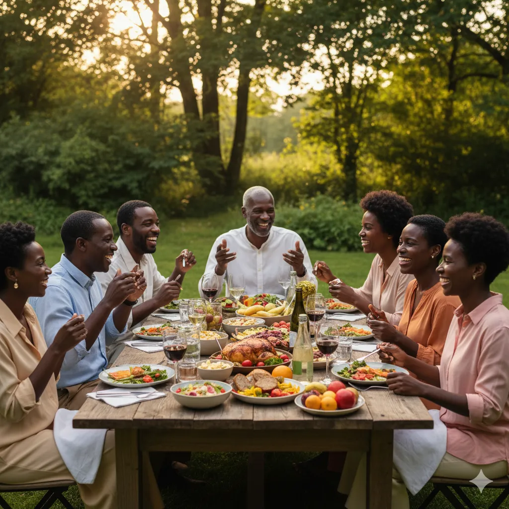 Multi-generational family enjoying dinner together outdoors at sunset