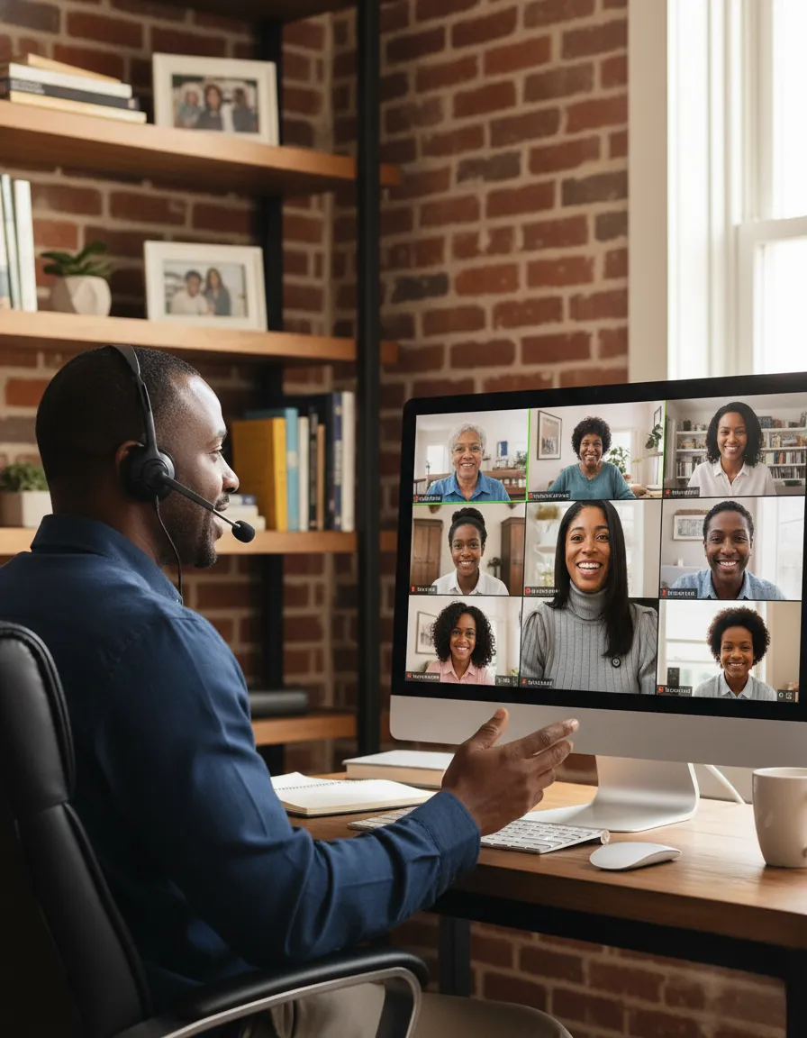 Man participating in a virtual family gathering with multiple family members on screen