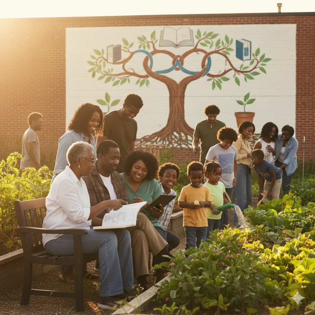 Family reading together in garden with tree of knowledge mural